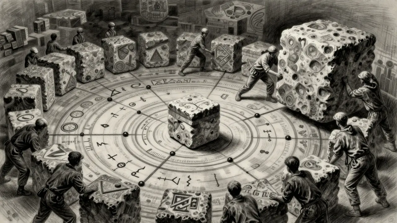 Charcoal drawing of people pushing a stone block into a long sequence of other blocks.