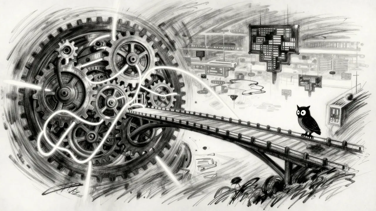 Charcoal illustration of an owl gliding across a bridge connecting two different digital worlds.