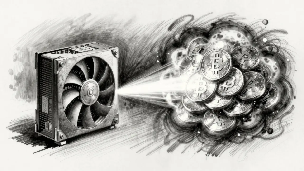 Charcoal illustration of hardware connected to digital coins by a bridge of light.