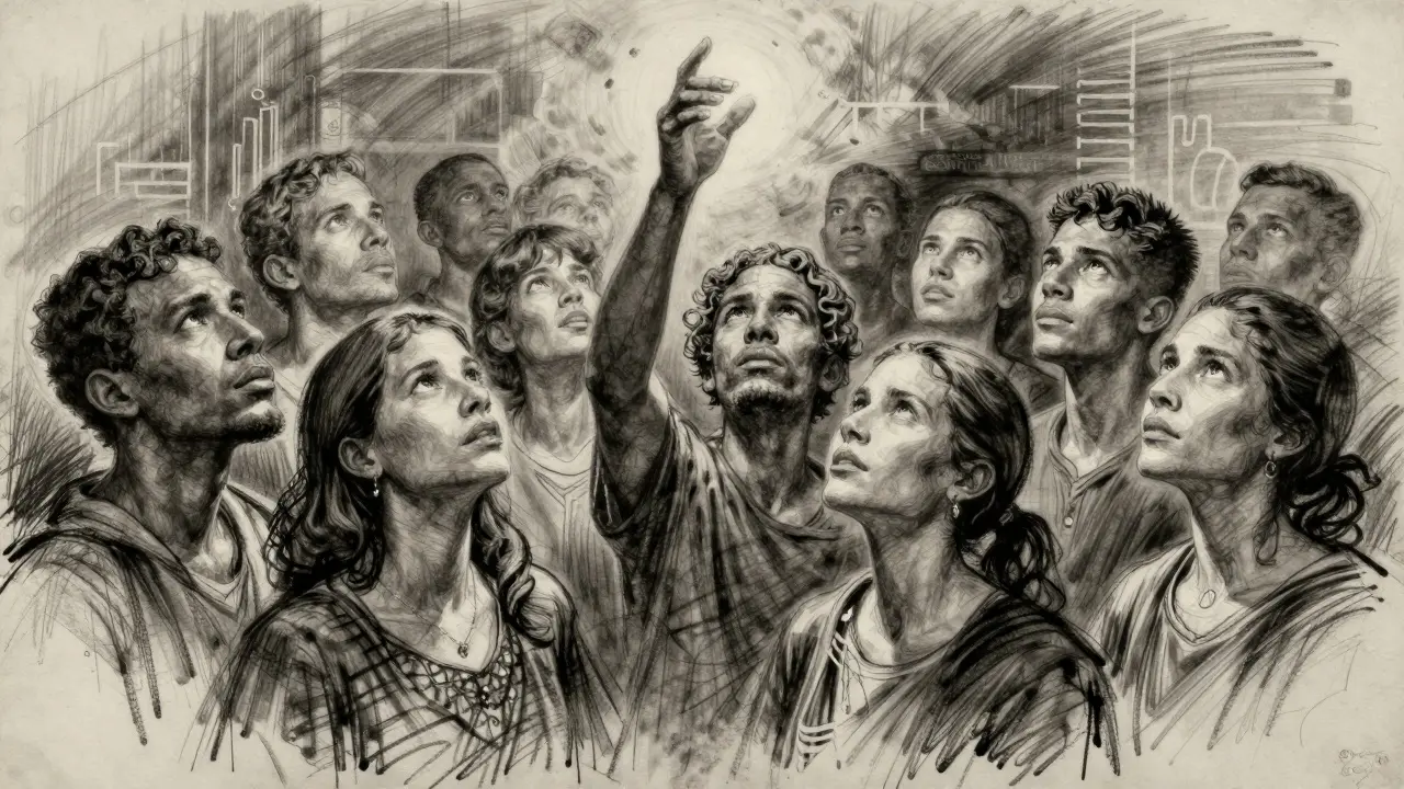 Charcoal sketch of a diverse group of people looking toward a light with digital patterns.