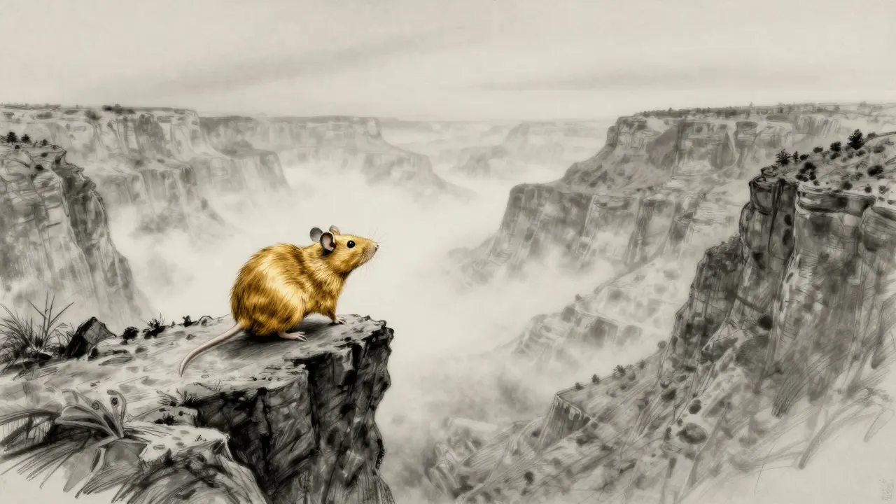 Charcoal sketch of a golden rat standing on a cliff overlooking a foggy canyon.
