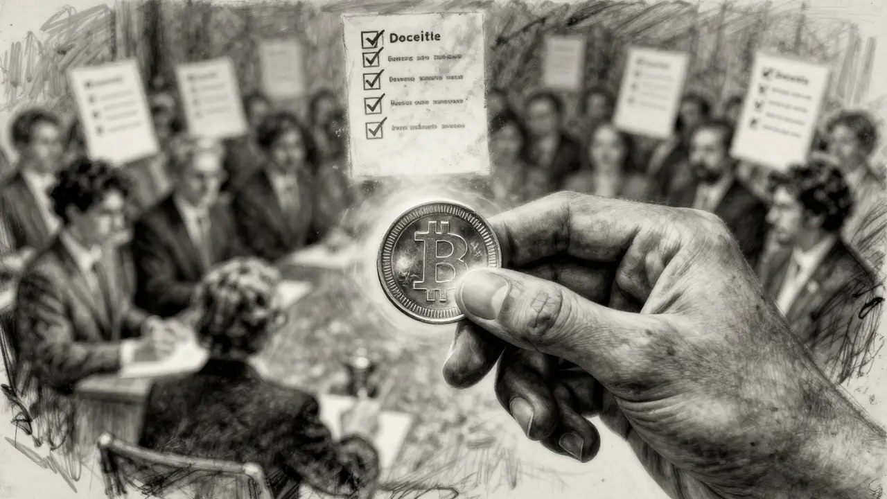 Charcoal sketch of a hand holding a glowing governance token during a vote.