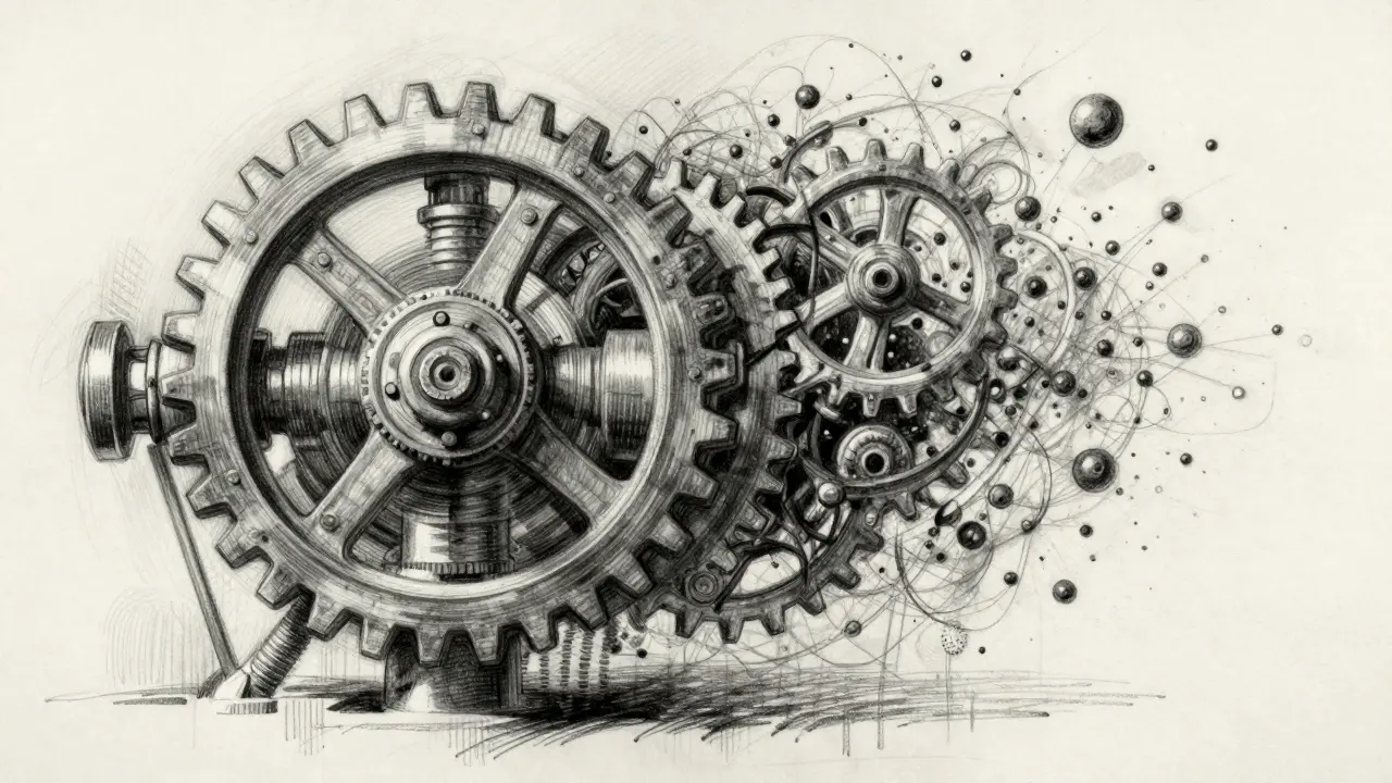 Charcoal sketch of a hybrid machine blending gears with a decentralized web