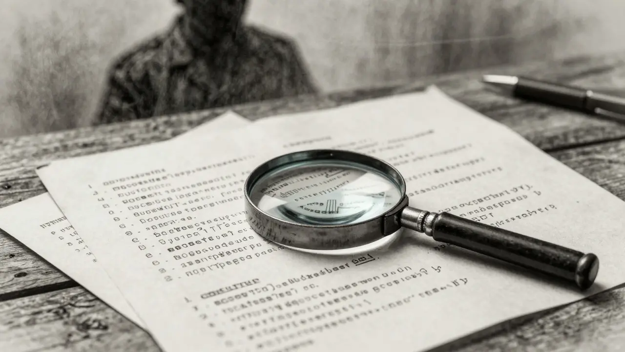 Charcoal sketch of a magnifying glass analyzing blockchain code and documents