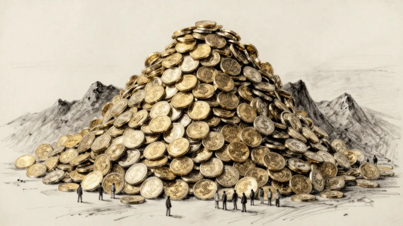 Charcoal sketch of a massive pile of gold coins with a few tiny people at the bottom.