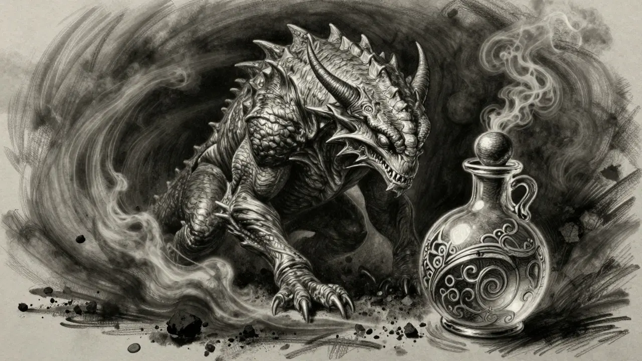 Charcoal sketch of a Metamon creature and a glowing utility potion bottle.