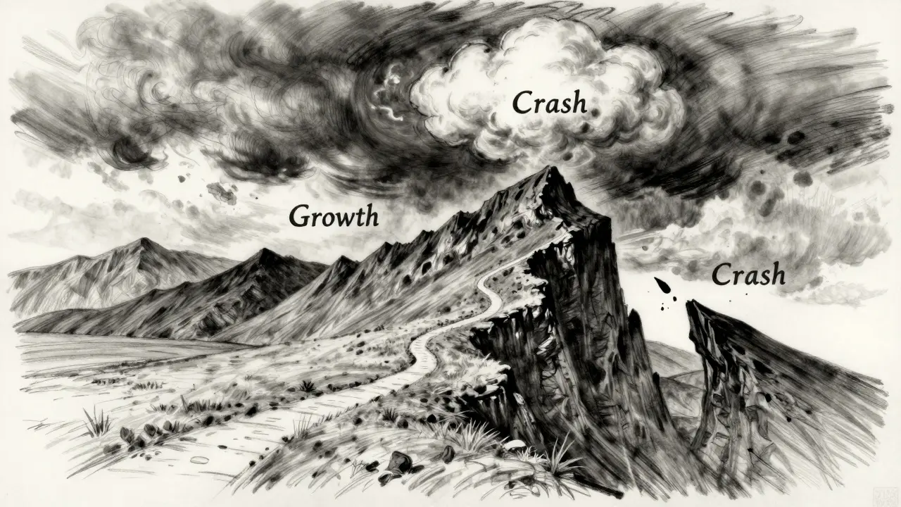 Charcoal sketch of a mountain path symbolizing the accumulation, growth, bubble, and crash phases.