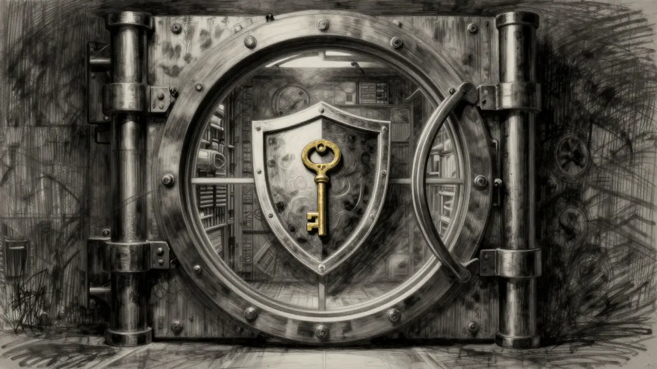 Charcoal sketch of a secure bank vault with a shield and key symbolizing asset protection