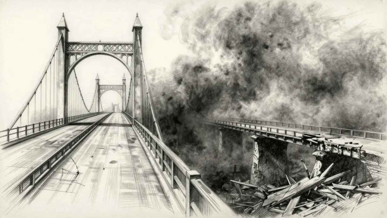 Charcoal sketch of a solid bridge contrasted with a crumbling ghostly one.