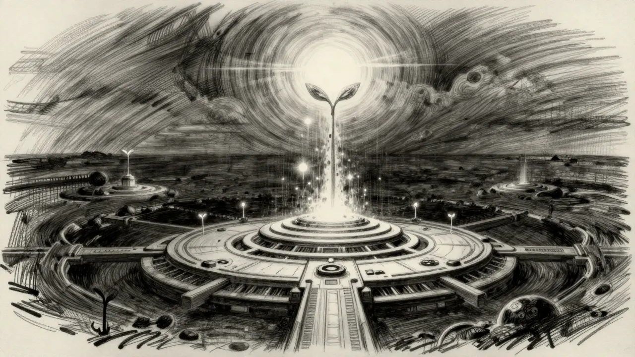 Charcoal sketch of an architectural pedestal with sparks of light rising toward a horizon.