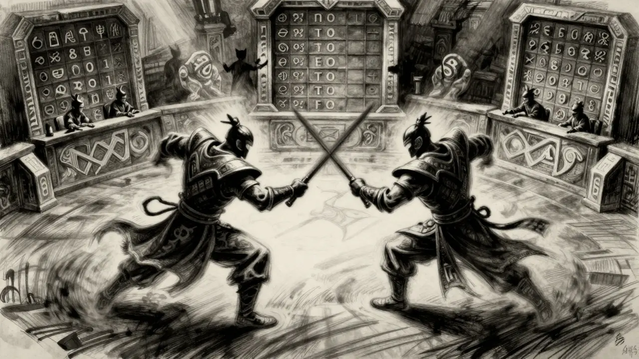 Charcoal sketch of two warriors fighting in a competitive arena with a leaderboard
