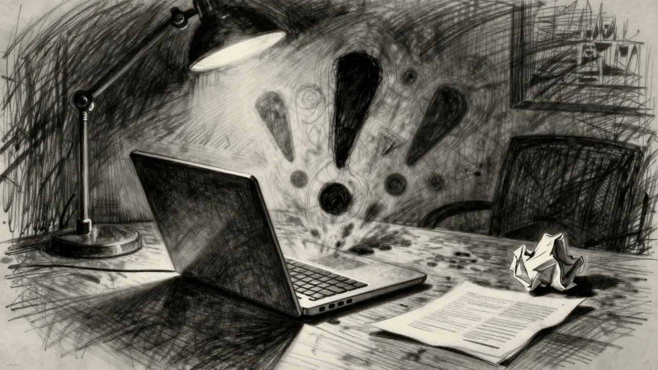 Laptop on desk surrounded by dark warning shadows