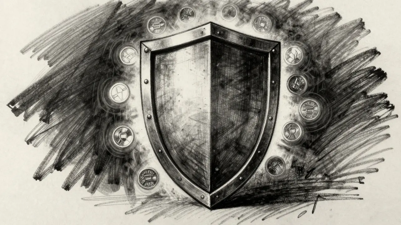 Protective shield standing guard over glowing coins