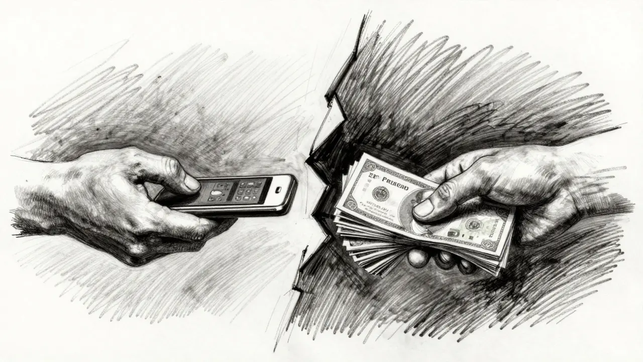 Two hands separated by a divide while trading money, charcoal art