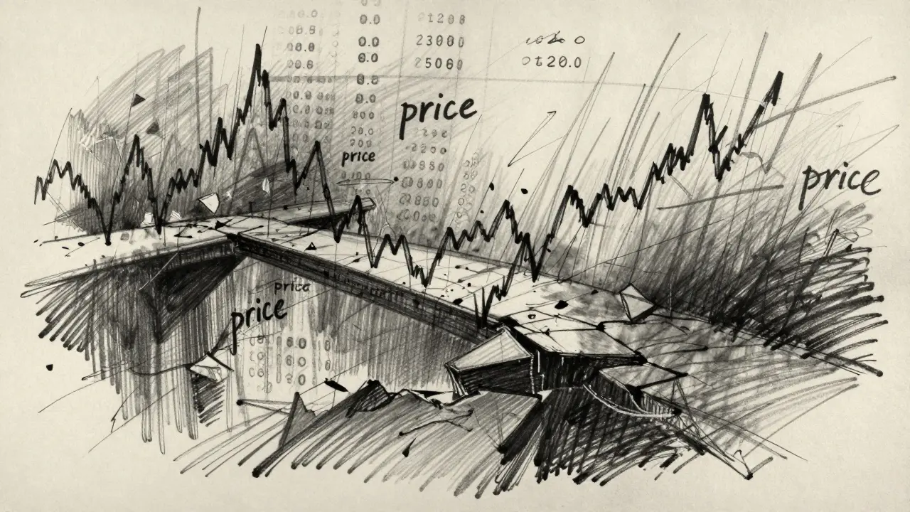 Abstract charcoal art showing jagged lines and crumbling paths for volatility.