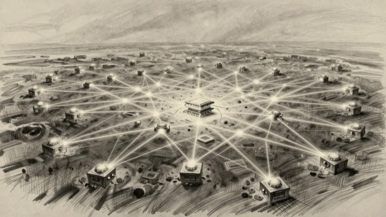 Artistic charcoal drawing of a vast decentralized infrastructure web.
