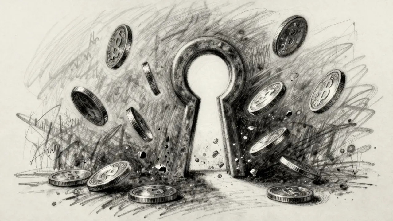 Artistic charcoal illustration of coins dissolving into a keyhole, representing burn-to-access.