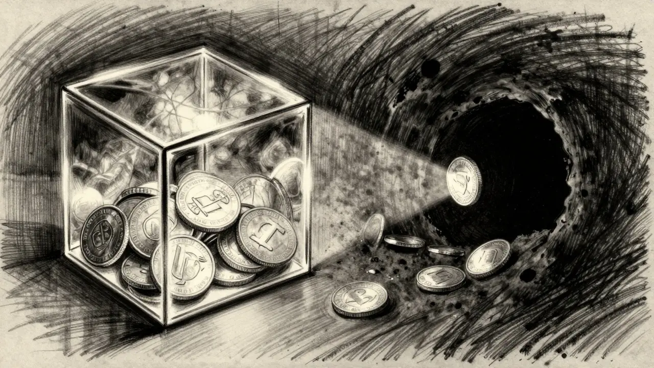 Charcoal art contrasting a transparent safe vault with a dark, opaque void