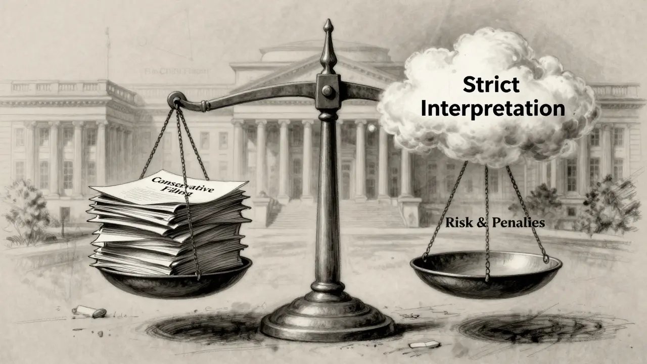 Charcoal art of a balance scale weighing conservative tax filing against risky non-compliance.