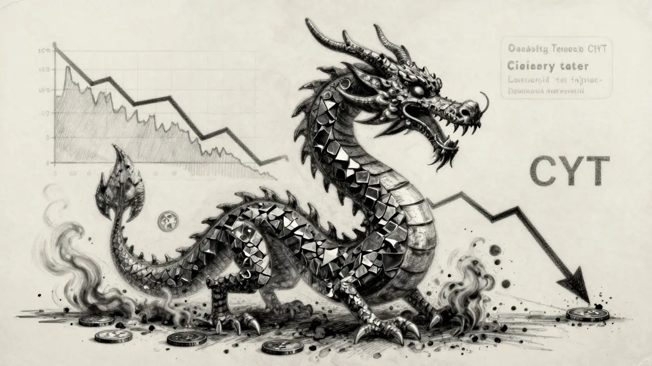 Charcoal art of a dragon dissolving into ash, symbolizing token burning and market volatility.