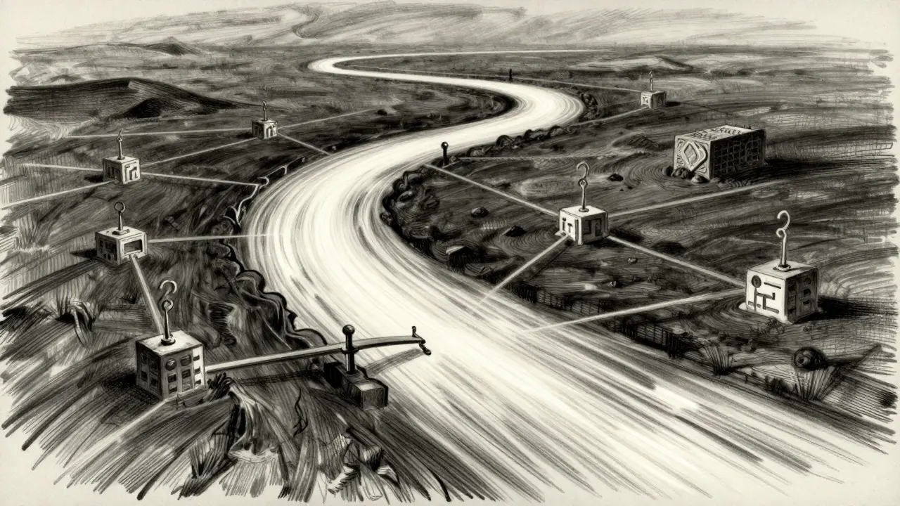 Charcoal art of a flowing river representing fast, cheap blockchain transactions