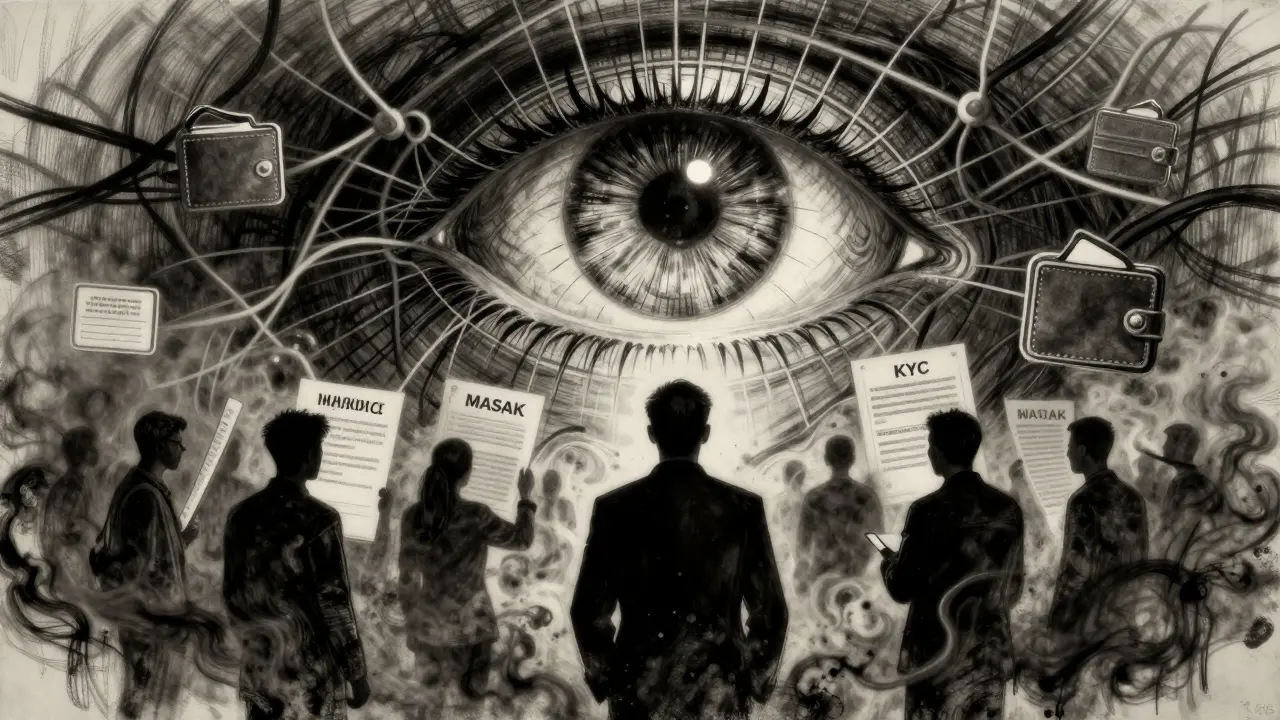 Charcoal art of a giant eye monitoring crypto wallets and user identities in Turkey.
