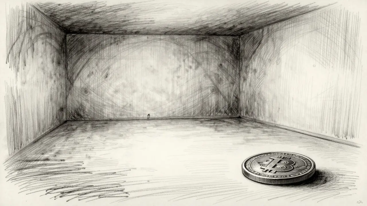 Charcoal art of a lone coin in an empty room symbolizing risk
