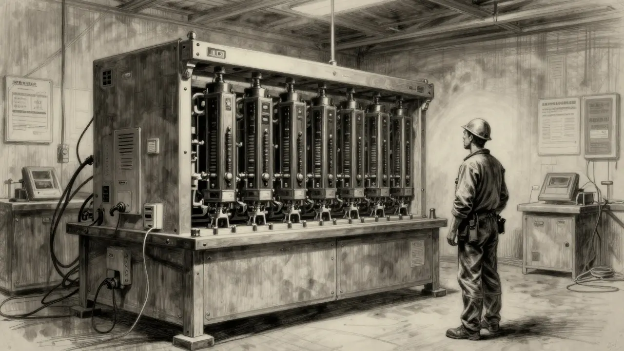 Charcoal art of a miner inspecting efficient hardware in a regulated facility