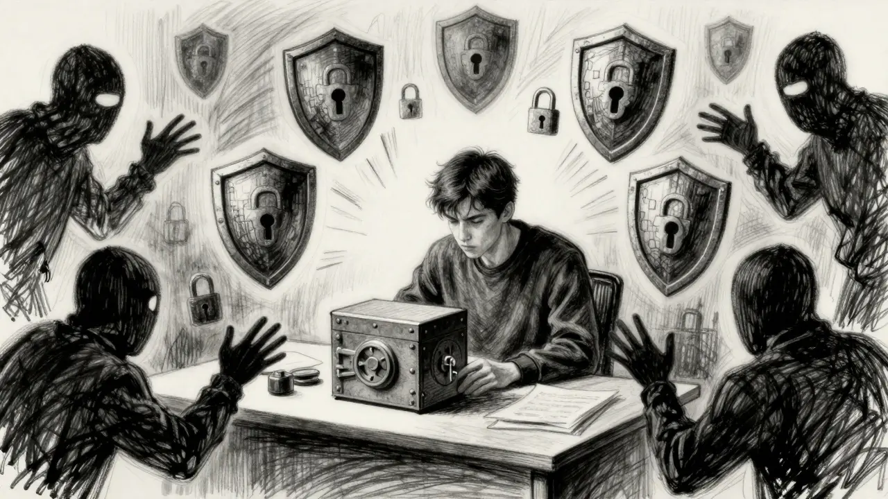 Charcoal art of a person protecting assets with shields against chaotic shadows