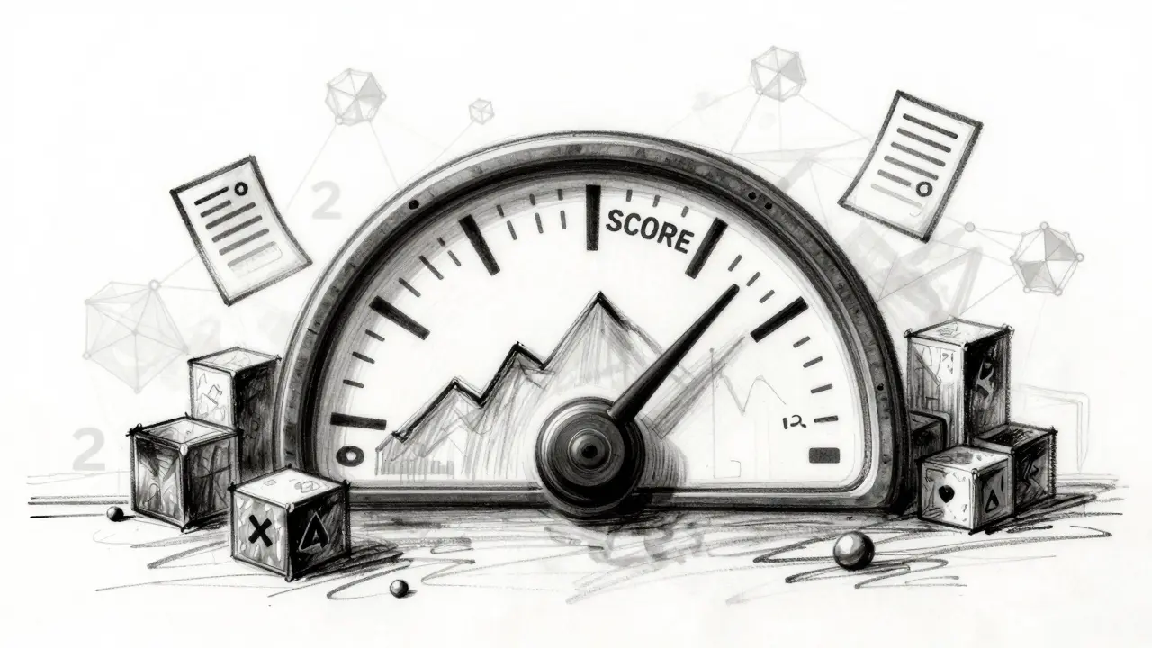 Charcoal art of a ScaleSCORE gauge rising amidst blockchain network symbols