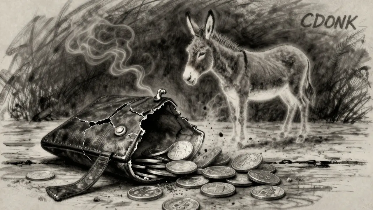 Charcoal art of an empty wallet with coins turning to dust and a fading donkey silhouette above it.