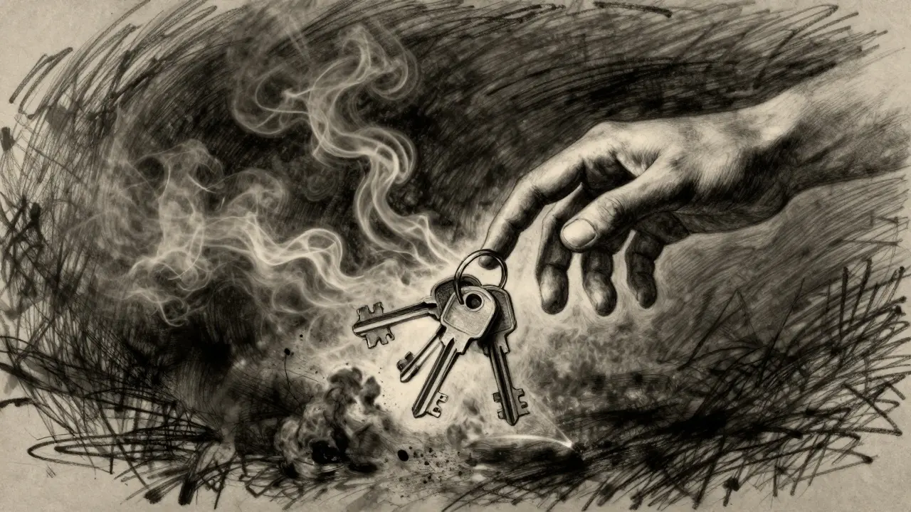 Charcoal art of hands reaching for keys turning to ash, symbolizing lost funds.