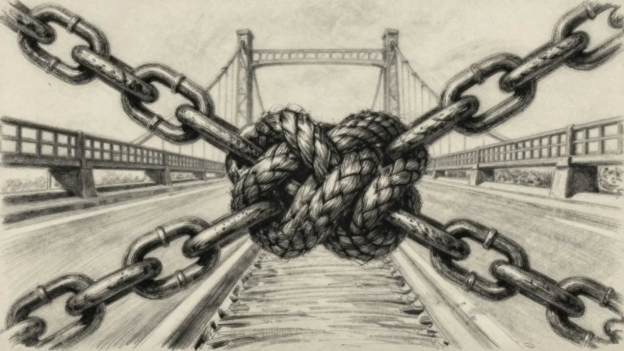 Charcoal art of tangled ropes blocking a path, hinting at better routes