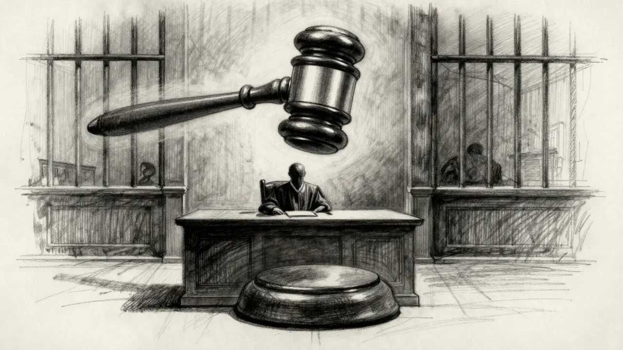 Charcoal art showing a gavel and prison bars symbolizing crypto sentencing risks