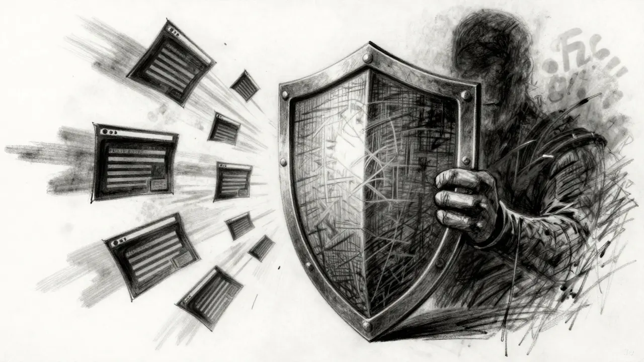 Charcoal art showing a shield protecting against dark shadows of online scams.