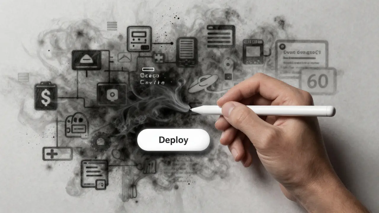 Charcoal art showing easy AI app deployment via a simple interface.