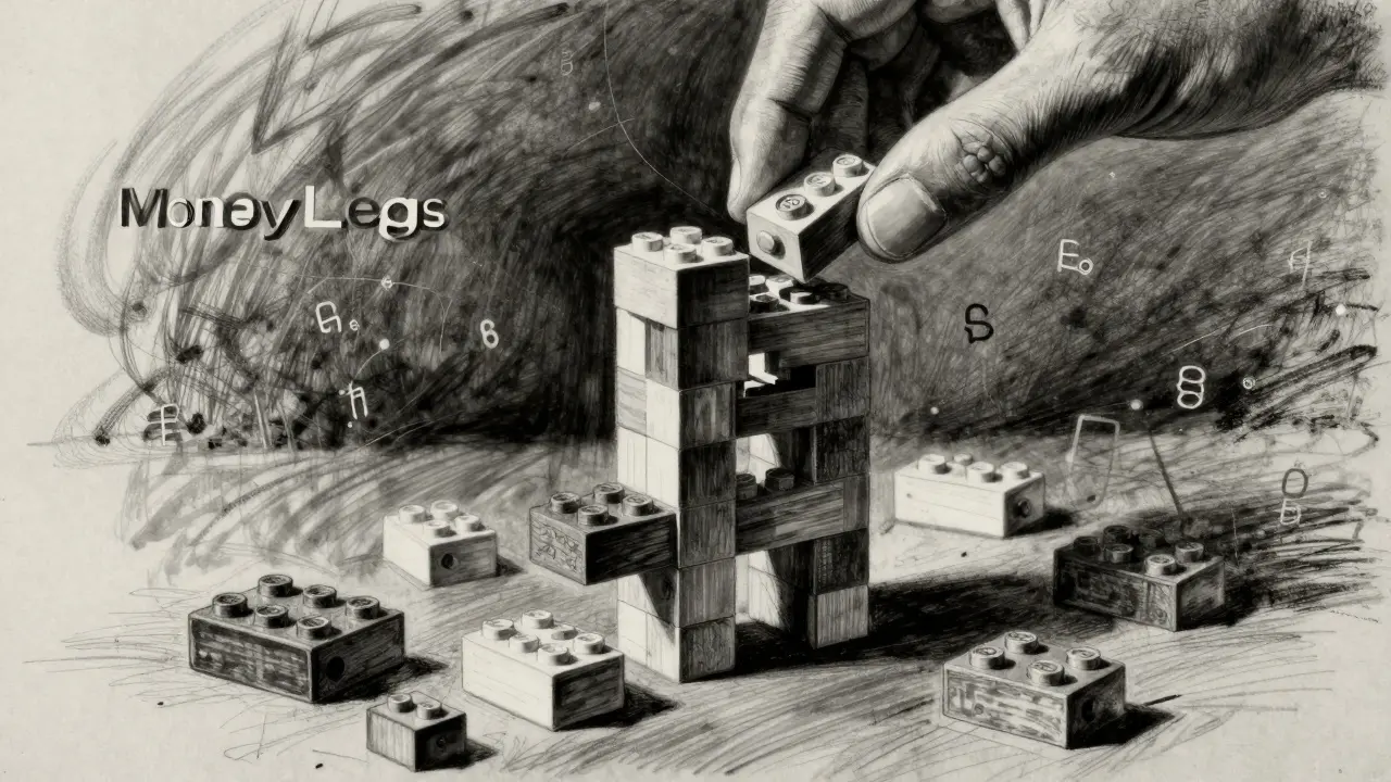Charcoal art showing hands building a tower of interlocking financial blocks
