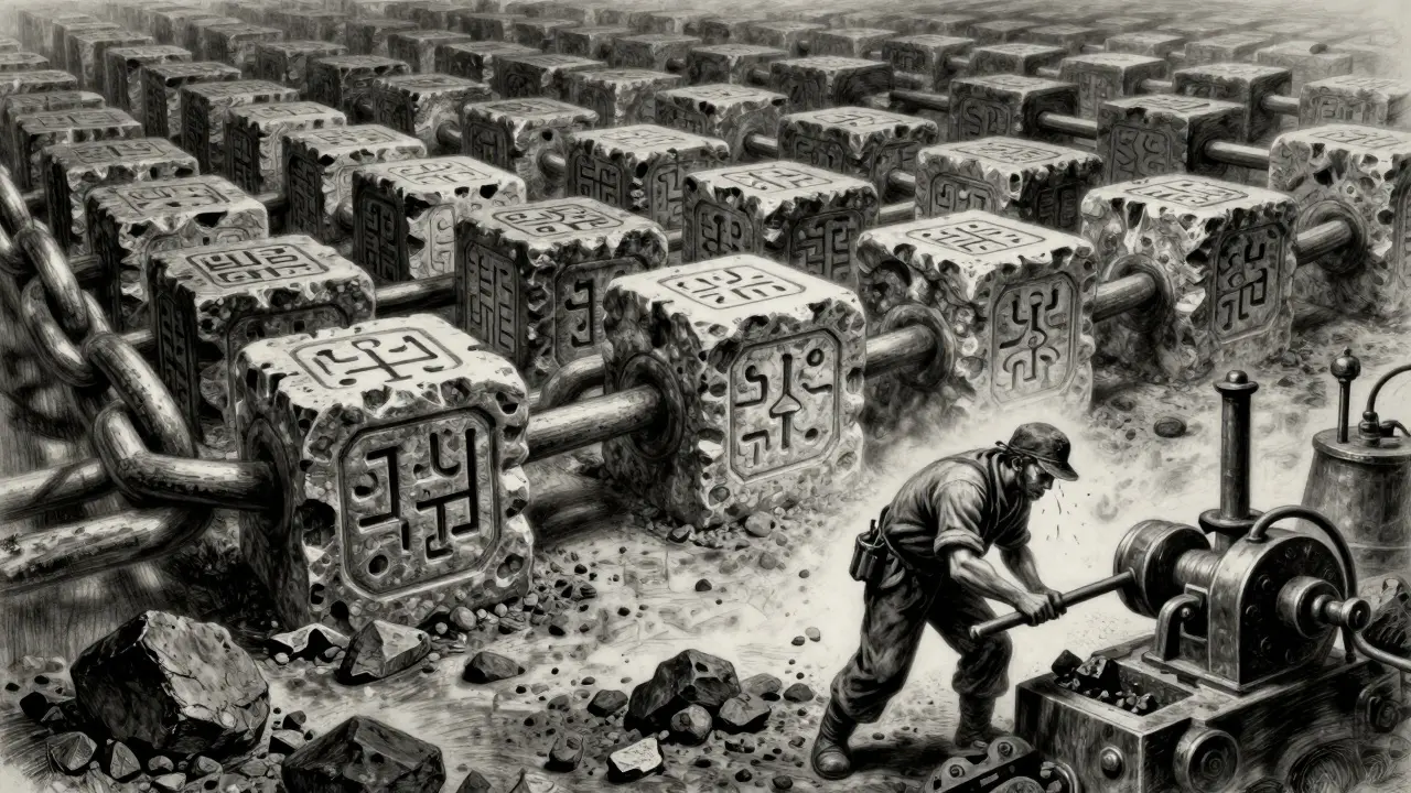 Charcoal art showing heavy stone blocks and a miner for PoW.