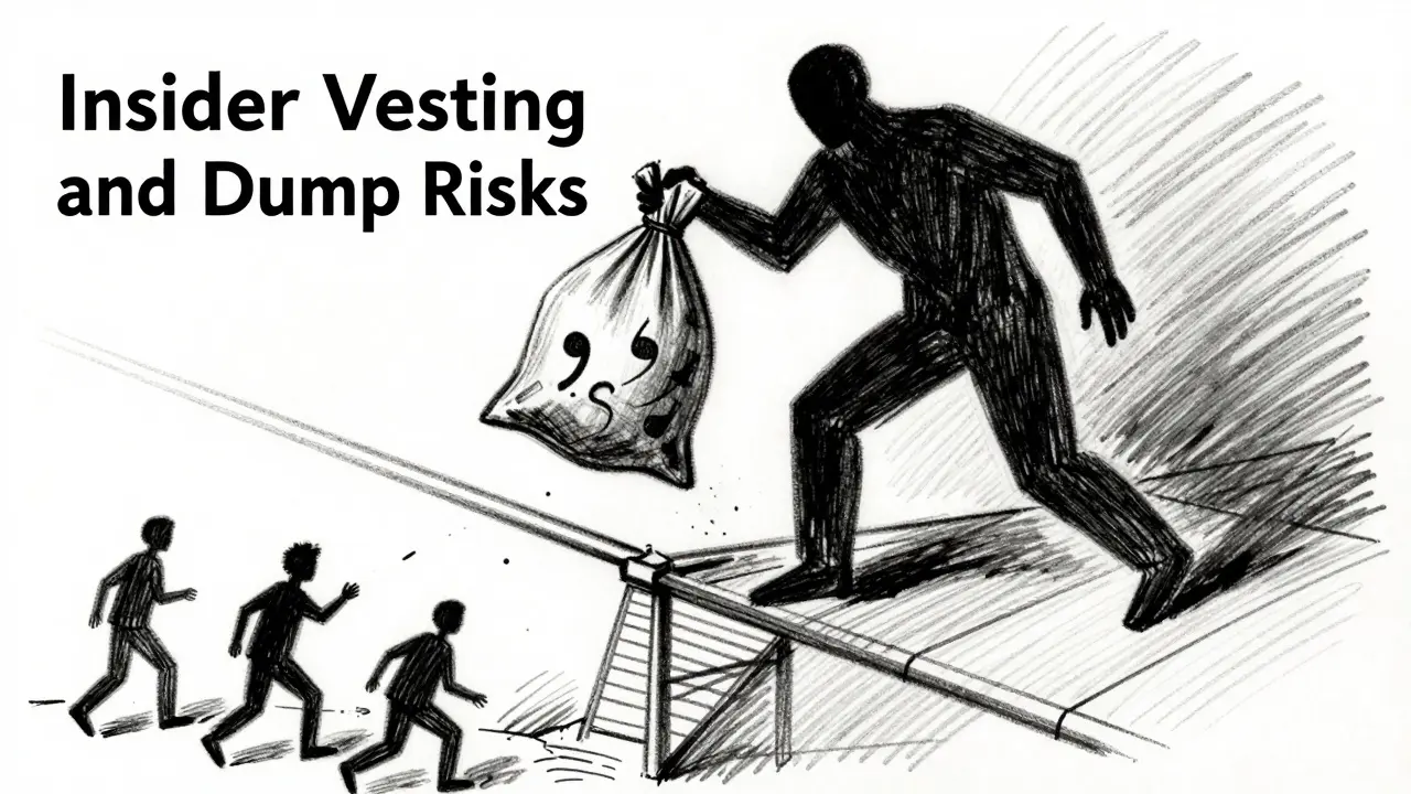 Charcoal art showing insiders dumping tokens on a fragile market bridge, threatening retail investors.