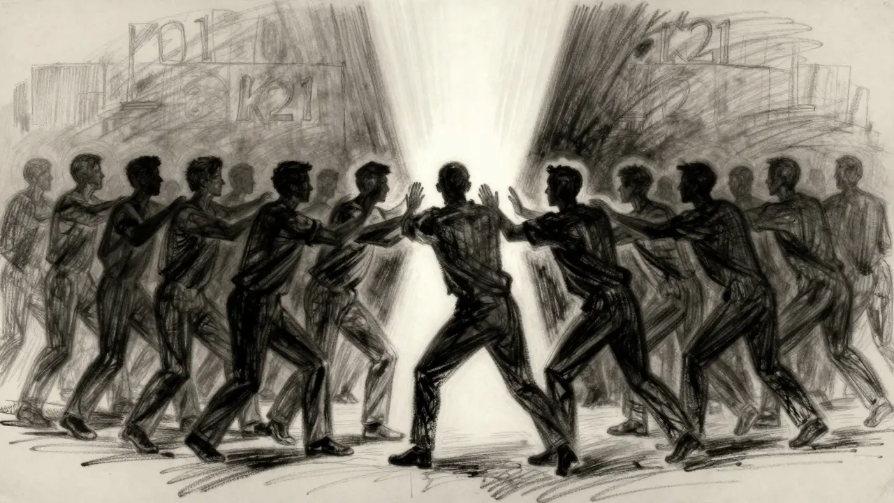 Charcoal art showing silhouettes blocking a light beam together