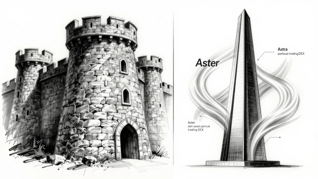 Charcoal drawing contrasting a secure fortress with a modern trading tower.
