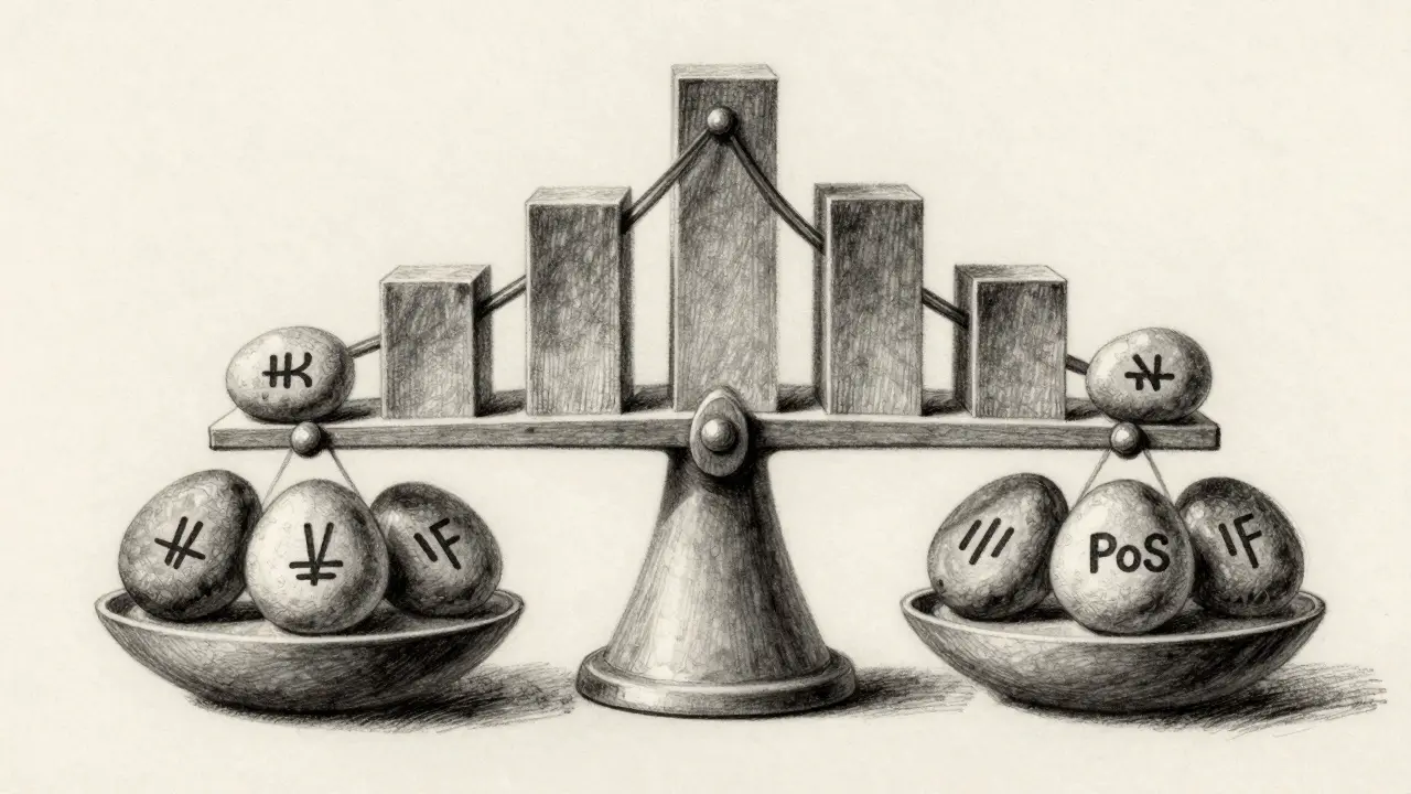 Charcoal drawing of a balanced scale and pillars for PoS security.