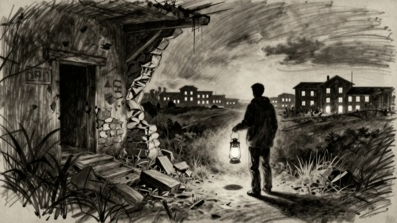 Charcoal drawing of a person leaving a dark structure for a safer path