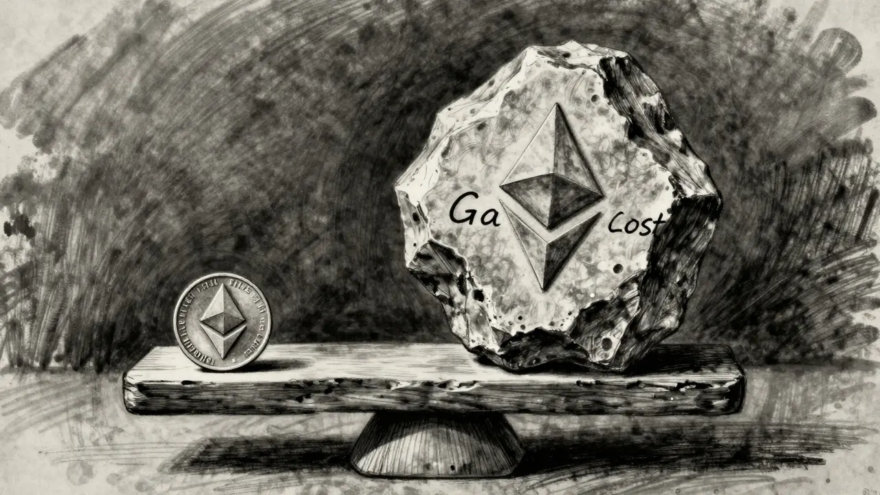 Charcoal drawing of a scale weighing a coin against a heavy rock