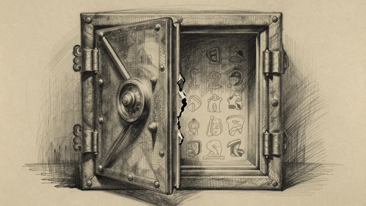 Charcoal drawing of a secure vault with 21 abstract shapes inside