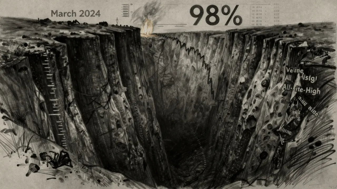 Charcoal drawing of a steep cliff drop representing massive crypto price decline.