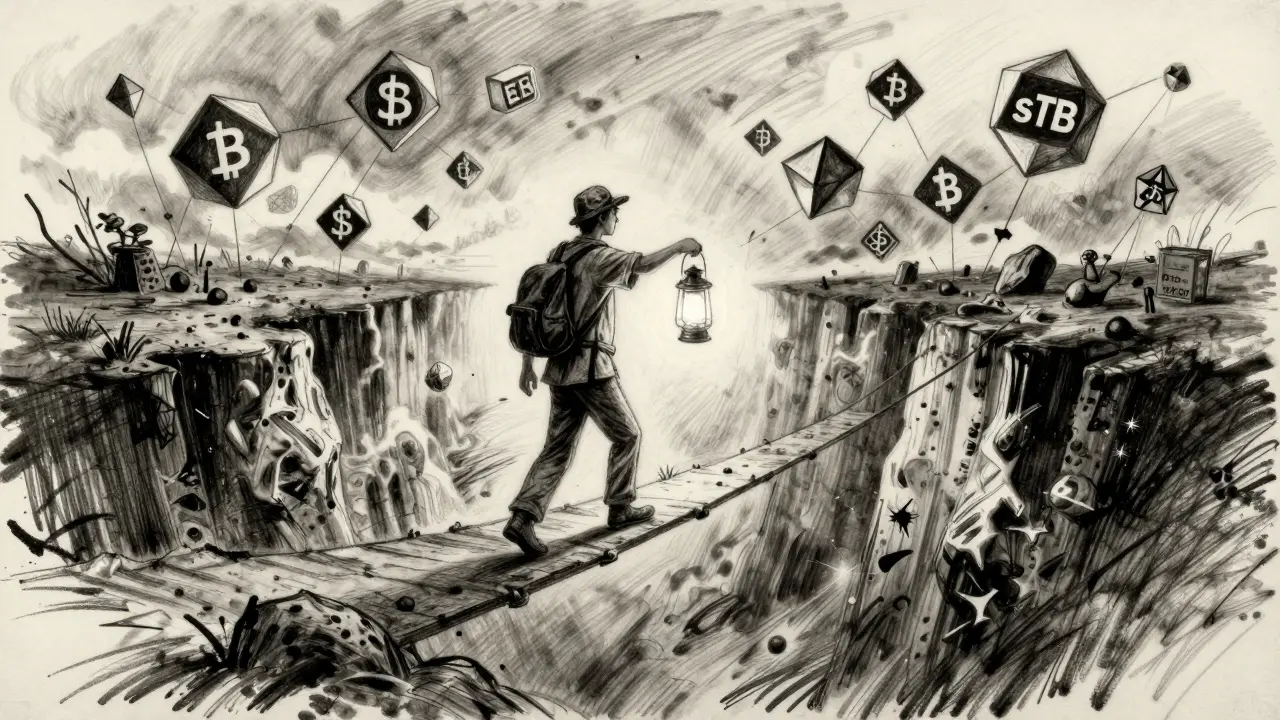 Charcoal drawing of a trader navigating a volatile market while holding a stable sUSD asset.