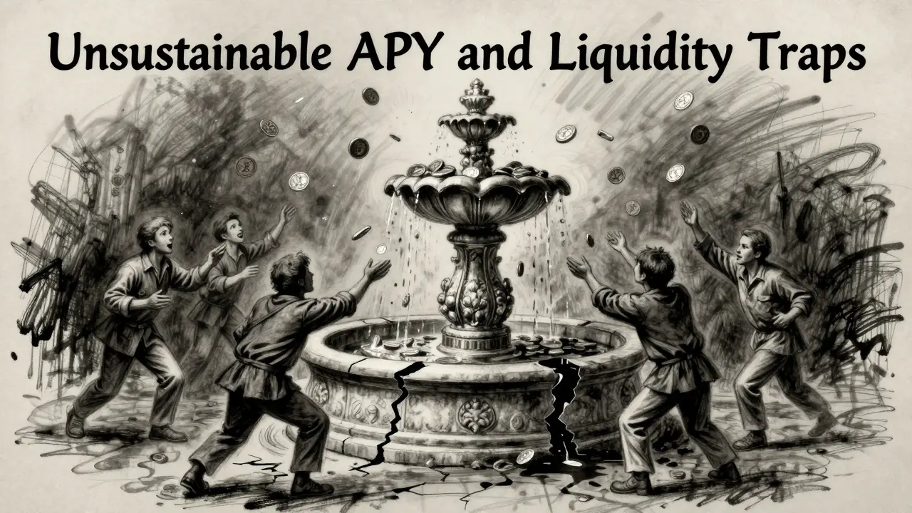 Charcoal illustration of a cracking fountain spewing coins, representing unsustainable high APY traps.