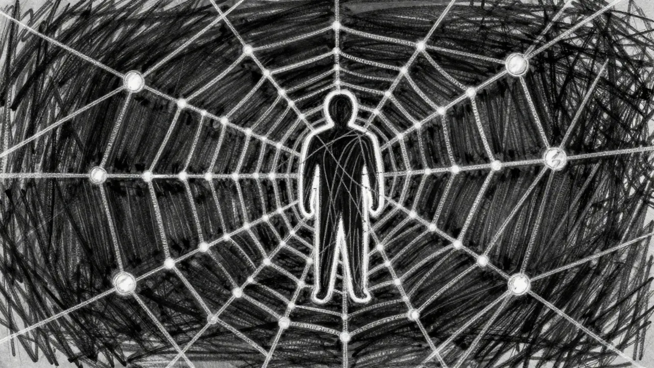 Charcoal illustration of a person trapped in a web of blockchain transaction lines