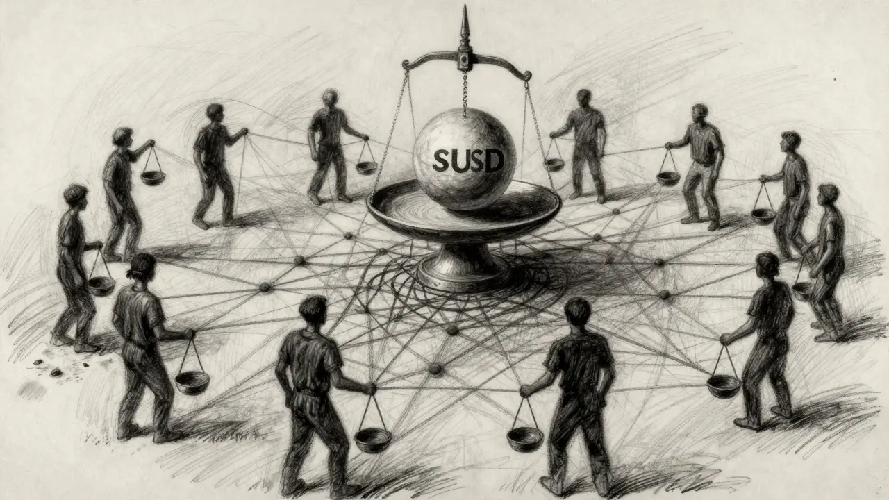 Charcoal illustration of multiple figures sharing the burden to support a stable sUSD asset.